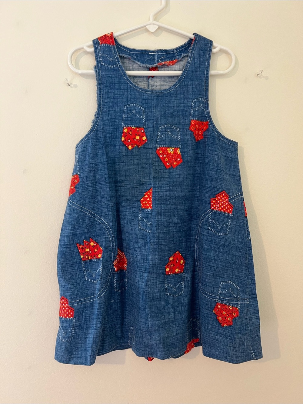 Toddler Vintage Denim Dress with Red Pocket Appliqués